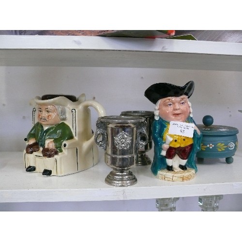 95 - A DARBY & JOAN TEAPOT BY TONY WOOD AND A CHARACTER JUG WITH SOME DAMAGE TO THE TOP PLUS A PAIR OF GO... 