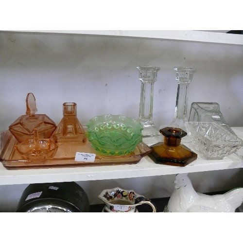 98 - A PINK GLASS ART DECO DRESSING TABLE SET PLUS TWO GREEN GLASS DISHES, AN AMBER CLOUD GLASS CANDLESTI... 