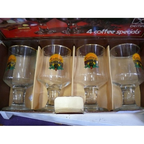 100 - A SET OF FOUR VINTAGE IRISH COFFEE GLASSES IN ORIGINAL BOX PLUS A PRETTY FLORAL GLASS DISH ALSO IN O... 