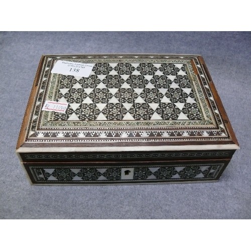 138 - A VERY DECORATIVE WOODEN JEWELLERY BOX INLAID WITH MOTHER OF PEARL WITH CONTENTS OF GOOD QUALITY COS... 