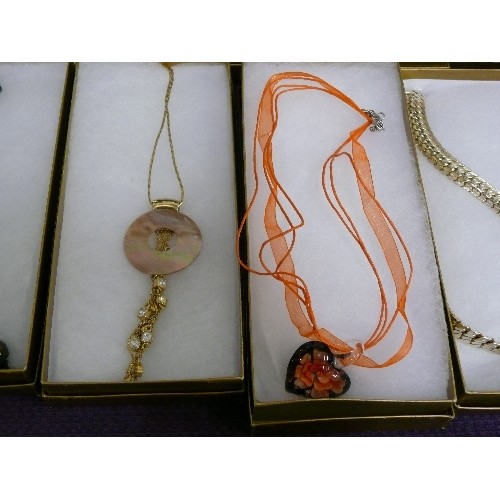 154 - FIFTEEN BOXED NECKLACES, VARIOUS DESIGNS INCLUDING A BUTTERFLY, FLOWER AND FLORAL HEART.