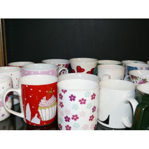 202 - A SHELF OF GOOD QUALITY MUGS IN VARIOUS DESIGNS TO INCLUDE DENBY