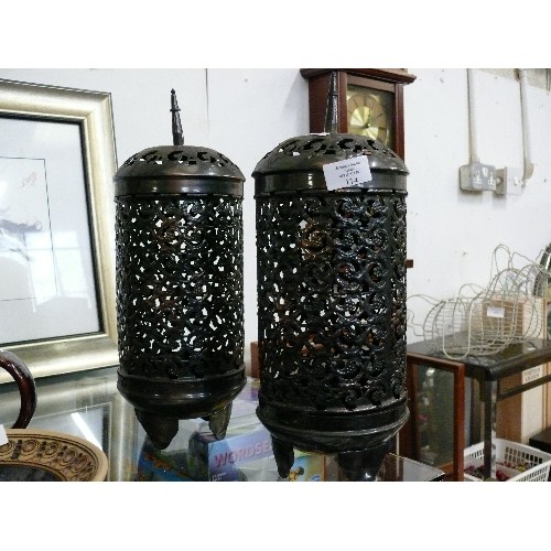 174 - A PAIR OF MOROCCAN STYLE METAL CANDLE HOLDERS 15