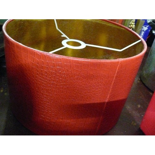 266 - FOUR VARIOUS GOOD QUALITY LAMPSHADES TO INCLUDE A VERY LARGE WOVEN SHADE AND A RED LEATHER EFFECT SH... 