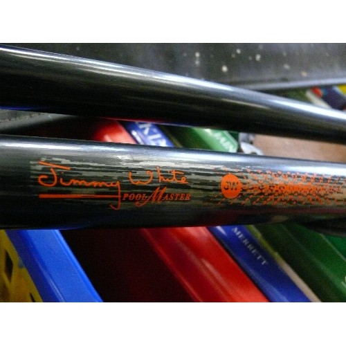 267 - A JIMMY WHITE POOL CUE IN FAUX LEATHER CASE PLUS A RILEY POOL CUE ALSO IN ORIGINAL CASE.