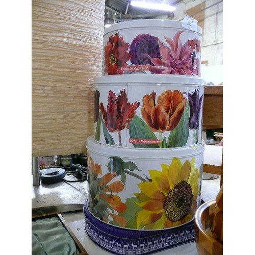 272 - A SET OF THREE NESTING STORAGE TINS WITH 'FLOWERS' BY EMMA BRIDGEWATER.