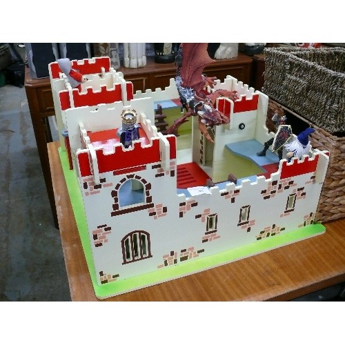 363 - LARGE PLAY CASTLE WITH GEORGE AND THE DRAGON AND VARIOUS OTHER KNIGHTS ON HOREBACK AND KING FIGURES.