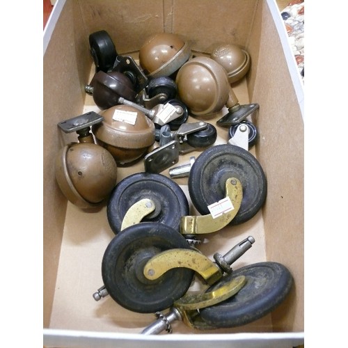 362A - BOX OF FURNITURE CASTORS & WHEELS INCLUDING LARGE BALL CASTORS BY ARCHIBALD KENDRICK.