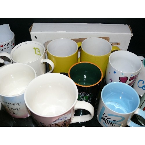 204D - SHELF OF MUGS AND GLASSES TO INCLUDE NOVELTY MUGS, THE SIMPSONS, MUM, HARRY POTTER SLYTHERIN ETC.