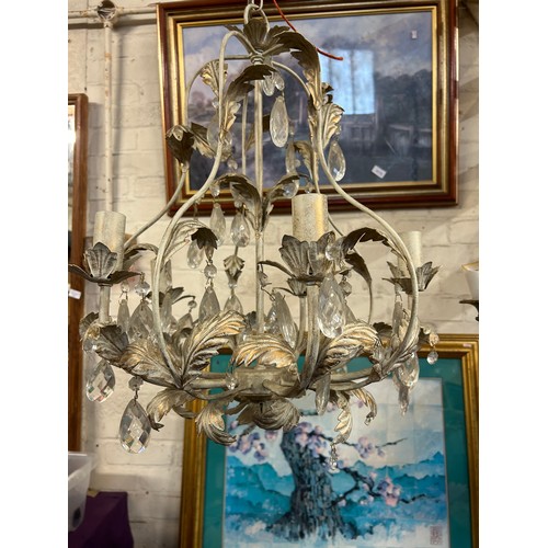 184C - DECORATIVE FRENCH STYLE 5 BRANCH CHANDELIER WITH METAL LEAVES AND CRYSTAL DROPS