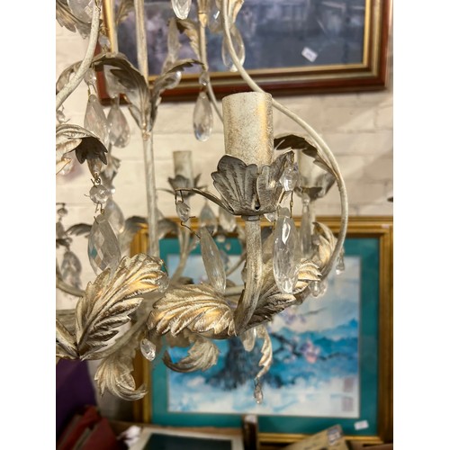 184C - DECORATIVE FRENCH STYLE 5 BRANCH CHANDELIER WITH METAL LEAVES AND CRYSTAL DROPS