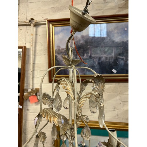 184C - DECORATIVE FRENCH STYLE 5 BRANCH CHANDELIER WITH METAL LEAVES AND CRYSTAL DROPS