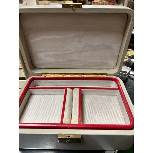 50A - TWO JEWELLERY CASES, ONE IN GREY AND RED LEATHER, TH OTHER WITH MULTIPLE DRAWERS AND COMPARTMENTS