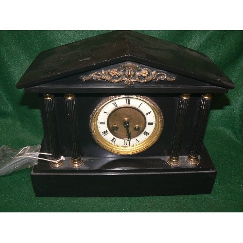 58 - VICTORIAN BLACK SLATE FRENCH MANTLE CLOCK BY FRITZ MARTI. THE CASE WITH CORINTHIAN COLUMNS, THE ENAM... 