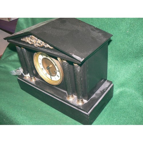 58 - VICTORIAN BLACK SLATE FRENCH MANTLE CLOCK BY FRITZ MARTI. THE CASE WITH CORINTHIAN COLUMNS, THE ENAM... 