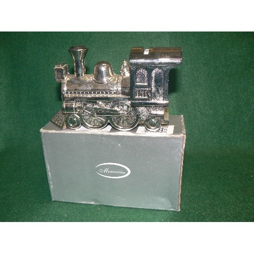 88 - A DECORATIVE BOXED SILVER PLATE TRAIN MONEY BOX