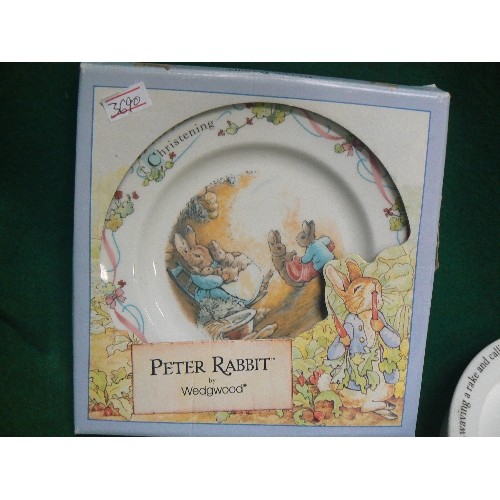 76 - A SELECTION OF WEDGWOOD PETER RABBIT THEMED CHINA TO INCLUDE TWO PLATES, A BOWL, A CUP, AN EGGCUP AN... 