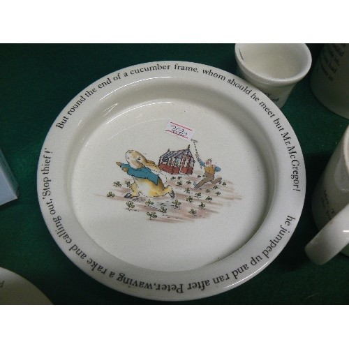 76 - A SELECTION OF WEDGWOOD PETER RABBIT THEMED CHINA TO INCLUDE TWO PLATES, A BOWL, A CUP, AN EGGCUP AN... 