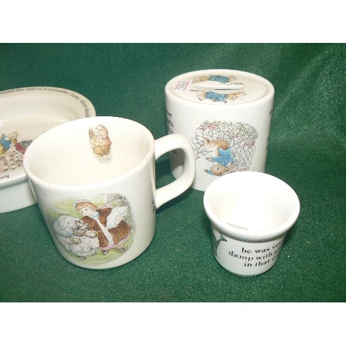 76 - A SELECTION OF WEDGWOOD PETER RABBIT THEMED CHINA TO INCLUDE TWO PLATES, A BOWL, A CUP, AN EGGCUP AN... 