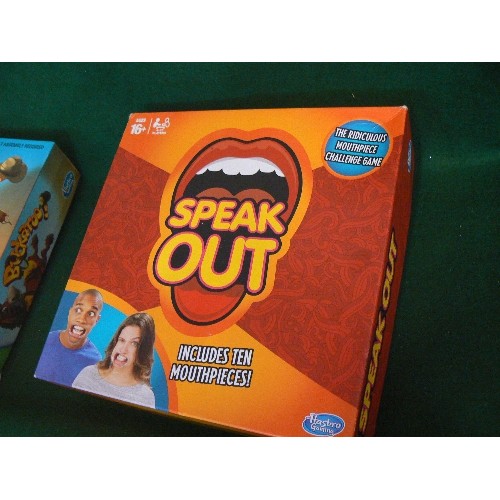 166 - SIX VARIOUS GOOD QUALITY BOARD GAMES INCLUDING BUCKAROO, SPEAK OUT AND JENGA.