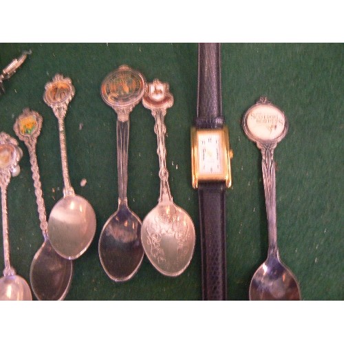 168 - A DECORATIVE JEWELLERY CHEST WITH CONTENTS OF COSTUME JEWELLERY AND SILVERPLATE SPOONS.