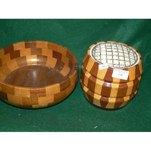 270 - TWO WOODEN TREEN TWO TONE FRUIT BOWLS PLUS A MATCHING ROSE BOWL