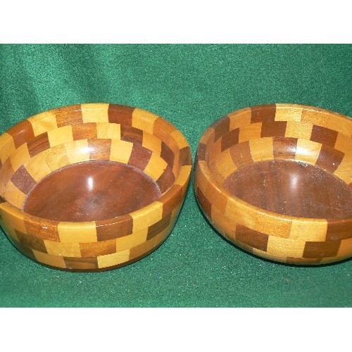 270 - TWO WOODEN TREEN TWO TONE FRUIT BOWLS PLUS A MATCHING ROSE BOWL