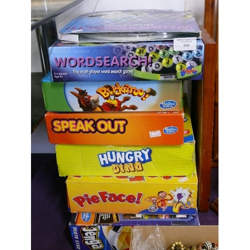 141 - SIX VARIOUS GOOD QUALITY BOARD GAMES INCLUDING BUCKAROO, SPEAK OUT AND JENGA.