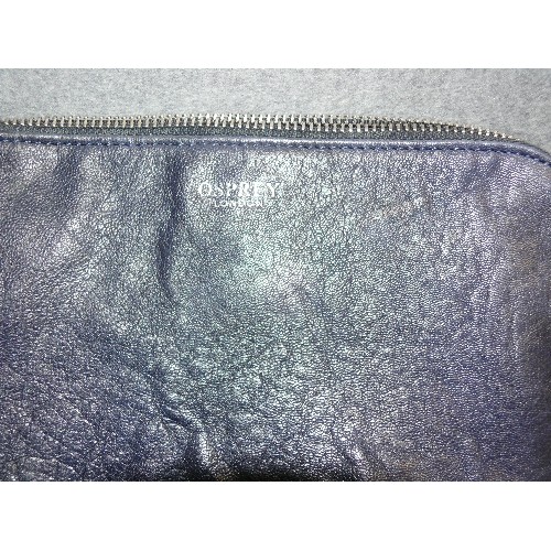 106 - THREE GOOD QUALITY BLUE LEATHER HANDBAGS INCLUDING ONE BY OSPREY