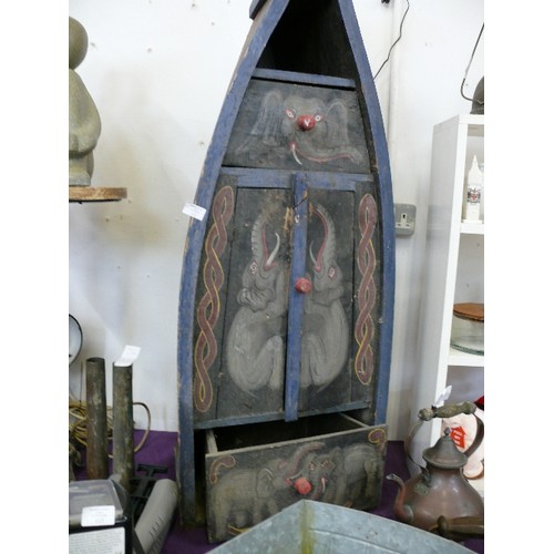 112 - LARGE HAND PAINTED WOODEN BOAT CUPBOARD WITH ELEPHANT DECORATION