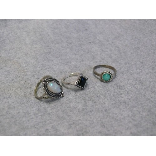 41 - 3 X  SILVER METAL RINGS, ONE WITH BLACK JET STONE, TURQUOISE AND MOTHER OF PEARL CENTRES, SIZE N.