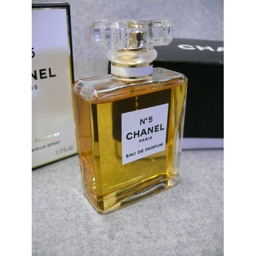 43 - CHANEL No5, PARIS, EAU DE PERFUM SPRAY 50m, FULL BOTTLE IN BOX, GENUINE PLUS ANOTHER CHANEL BOX.