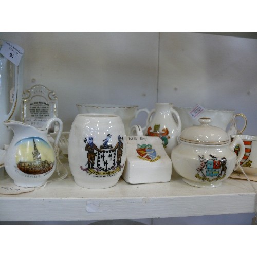 94 - A LARGE SELECTION OF ARMORIAL CRESTWARE CHINA, TEAPOT, JUGS, CUPS ETC TO INCLUDE GOSS AND ARCADIA.