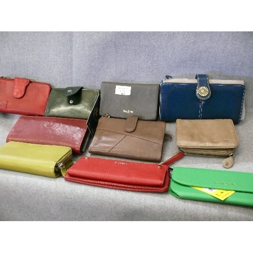 107 - TEN VARIOUS GOOD QUALITY PURSES IN VARIOUS DESIGNS, SOME LEATHER