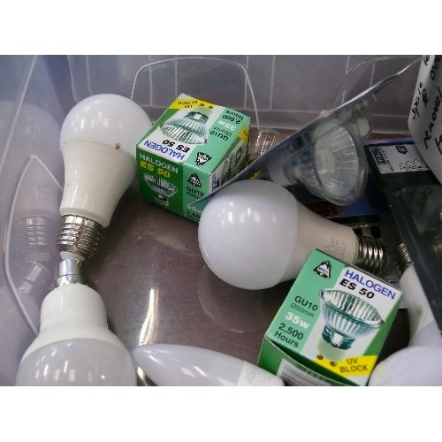 242 - A SELECTION OF VARIOUS LIGHTBULBS  INCLUDING LED IN A LIDDED PLASTIC TUB