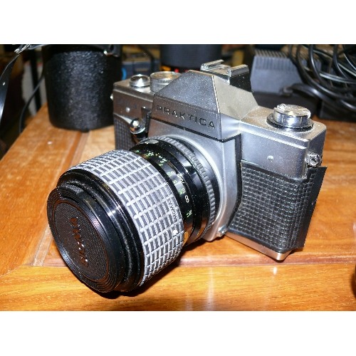 164 - AN OLYMPUS OM10 CAMERA WITH AN ENSINOR ZOOM LENS 80-200mm AND  A PRAKTICA MTL 3 CAMERA WITH A SIGMA ... 