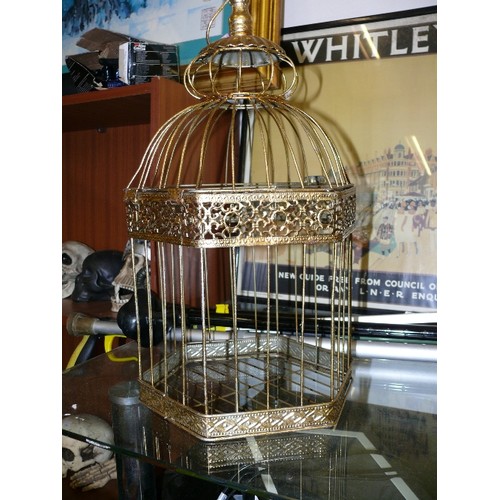 141B - A LARGE DECORATIVE GOLD COLOURED HANGING BIRD CAGE