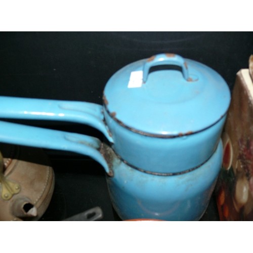 156A - A LARGE COLLECTION OF VINTAGE KITCHENALIA TO INCLUDE COPPER KETTLE, ICE CREAM MAKER, ENAMEL DOUBLE B... 