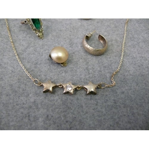 47 - A 9CT GOLD AND SILVER RING, PAIR SILVER EARRINGS, A SILVER NECKLACE WITH STARS PLUS A SILVER BRACELE... 