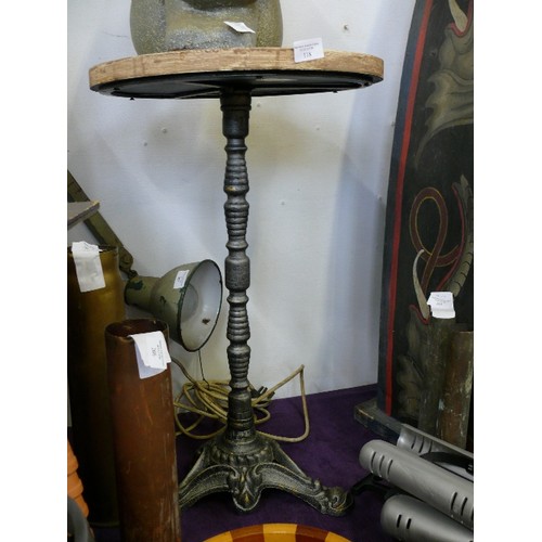 118 - A VERY NICE TALL ROUND PUB TABLE WITH METAL BASE AND WOODEN TOP