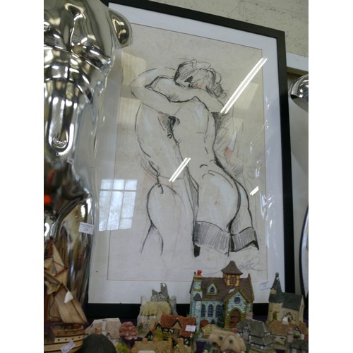 125 - A LARGE FRAMED AND GLAZED PRINT  OF TWO NUDES EMBRACING