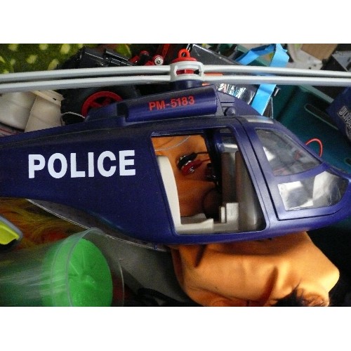 248A - BOX OF CHILDREN'S TOYS - RACING CAR, POLICE HELICOPTER, JURASSIC WORLD ETC.