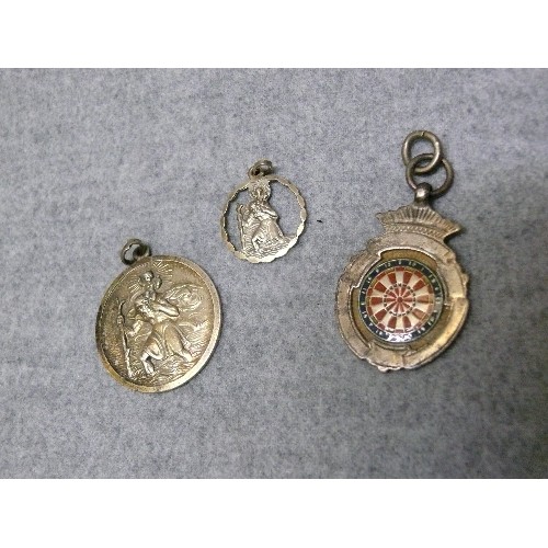 11 - 3 SILVER PIECES - 2 ST CHRISTOPHERS AND A OLD DARTS MEDAL