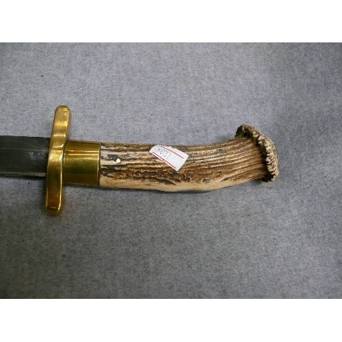 20 - SIDE ARM DRESS SWORD WITH ANTLER  HILT SCABBARD OF BRASS AND LEATHER