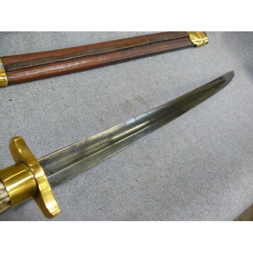 20 - SIDE ARM DRESS SWORD WITH ANTLER  HILT SCABBARD OF BRASS AND LEATHER