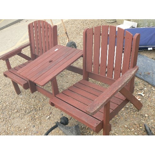 409 - 2 GARDEN CHAIRS WITH CENTRAL TABLE ATTACHED