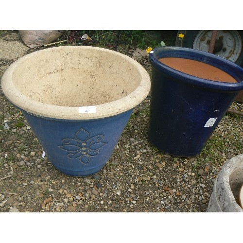 407 - VERY LARGE COBALT BLUE GLAZED GARDEN POT AND LARGE PALE BLUE PLANTER