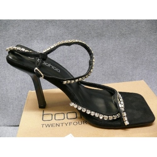 155 - HIGH HEEL SANDALS BY BOOHOO, SIZE 8, WITH DIAMONTE ADORNMENT.