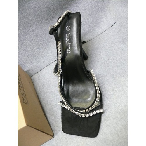 155 - HIGH HEEL SANDALS BY BOOHOO, SIZE 8, WITH DIAMONTE ADORNMENT.