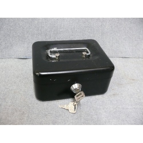 87 - SMALL BLACK METAL CASH TIN WITH KEY